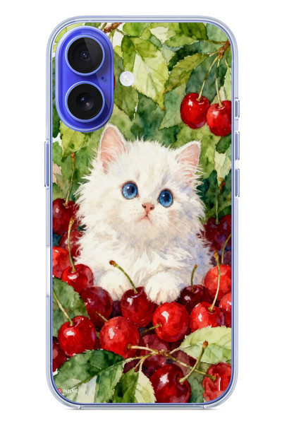 Le Balvo iPhone 16 Uyumlu Kirazlı Kedi Baskılı Silikon Kılıf