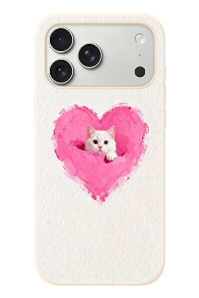 Le Balvo iPhone 17 Pro Max Uyumlu Pembe Kalpli Kedi Baskılı Silikon Kılıf