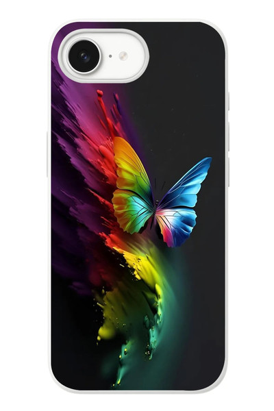 Le Balvo iPhone 16e Uyumlu Gökkuşağı Kelebeği Baskılı Silikon Kılıf