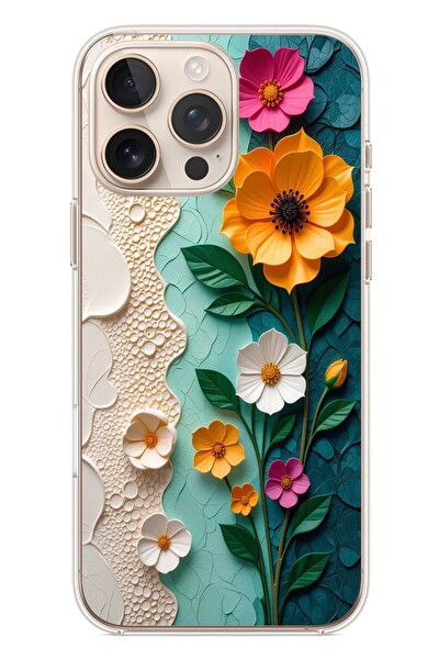 Le Balvo iPhone 16 Pro Max Uyumlu Güzel Modern Çiçekler Baskılı Silikon Kılıf