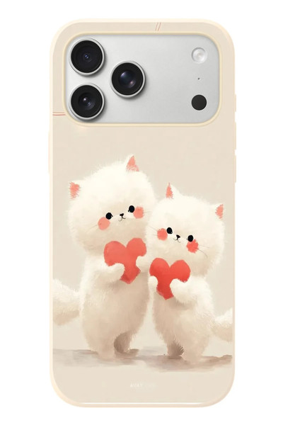 Le Balvo iPhone 17 Pro Max Uyumlu Kalpli Beyaz Kediler Baskılı Silikon Kılıf
