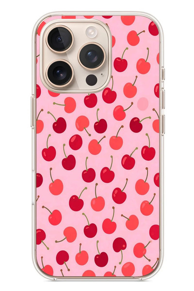 Le Balvo iPhone 16 Pro Uyumlu Pembe Kirazlar Baskılı Silikon Kılıf