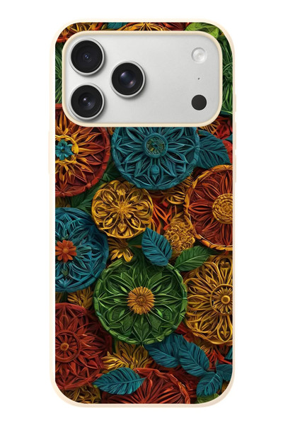 Le Balvo iPhone 17 Pro Max Uyumlu Hasır Örgü Çiçekler Baskılı Silikon Kılıf