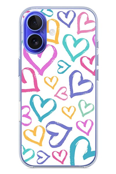 Le Balvo iPhone 16 Uyumlu Modern Çizgi Kalpler Baskılı Silikon Kılıf