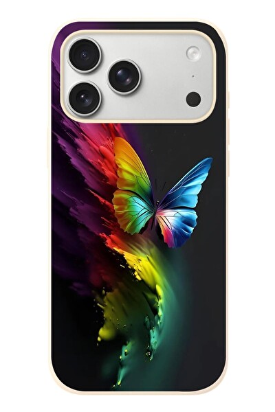 Le Balvo iPhone 17 Pro Max Uyumlu Gökkuşağı Kelebeği Baskılı Silikon Kılıf