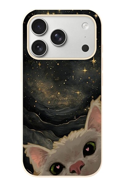 Le Balvo iPhone 17 Pro Uyumlu Siyah Gökyüzülü Kedi Baskılı Silikon Kılıf