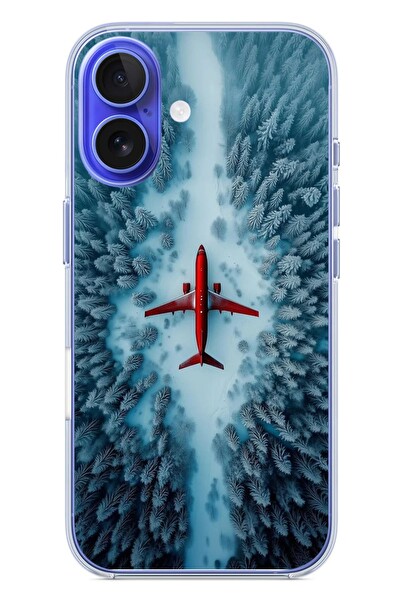Le Balvo iPhone 16 Uyumlu Kış Ortasında Uçak Baskılı Silikon Kılıf