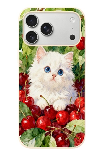 Le Balvo iPhone 17 Pro Max Uyumlu Kirazlı Kedi Baskılı Silikon Kılıf