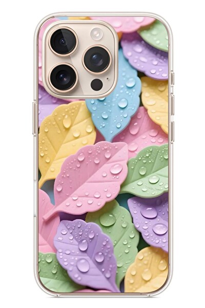 Le Balvo iPhone 16 Pro Uyumlu Pastel Damlalıklı Yapraklar Baskılı Silikon Kılıf