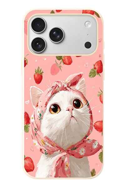Le Balvo iPhone 17 Pro Max Uyumlu Örtülü Kedi Çilekli Baskılı Silikon Kılıf
