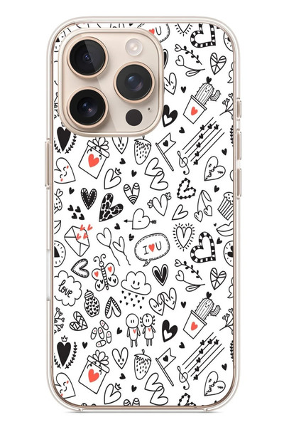 Le Balvo iPhone 16 Pro Uyumlu Retro Kalp Karışık Baskılı Silikon Kılıf