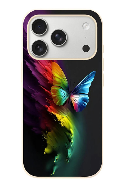 Le Balvo iPhone 17 Pro Uyumlu Gökkuşağı Kelebeği Baskılı Silikon Kılıf