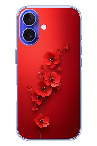 Le Balvo iPhone 16 Uyumlu Kırmızı Kardelenler Baskılı Silikon Kılıf