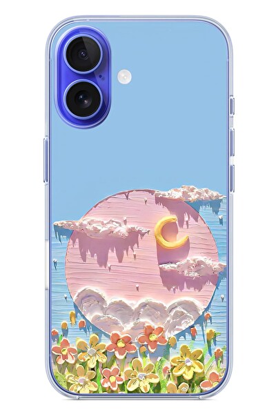 Le Balvo iPhone 16 Uyumlu Çiçekli Ay Baskılı Silikon Kılıf