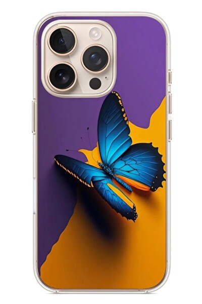 Le Balvo iPhone 16 Pro Uyumlu Mavi Kelebek Baskılı Silikon Kılıf