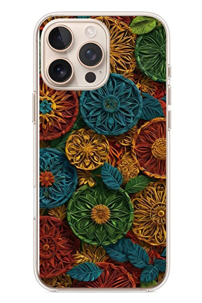Le Balvo iPhone 16 Pro Max Uyumlu Hasır Örgü Çiçekler Baskılı Silikon Kılıf