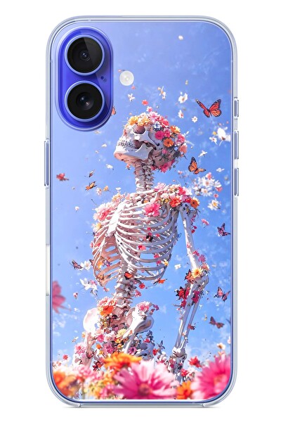 Le Balvo iPhone 16 Uyumlu İskelet Çiçekleri Baskılı Silikon Kılıf