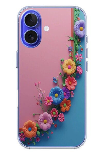 Le Balvo iPhone 16 Uyumlu Pembe Mavi Sarmaşık Baskılı Silikon Kılıf