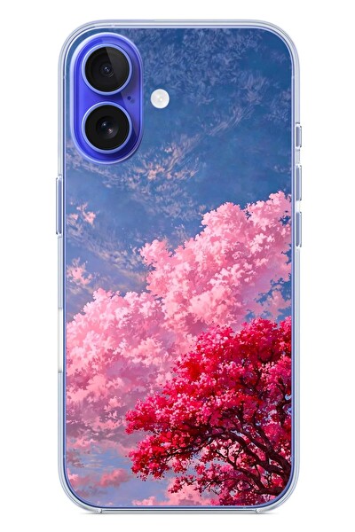 Le Balvo iPhone 16 Uyumlu Kırmızı Pembe Ağaçlar Baskılı Silikon Kılıf
