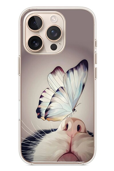 Le Balvo iPhone 16 Pro Uyumlu Kelebekli Kedi Baskılı Silikon Kılıf