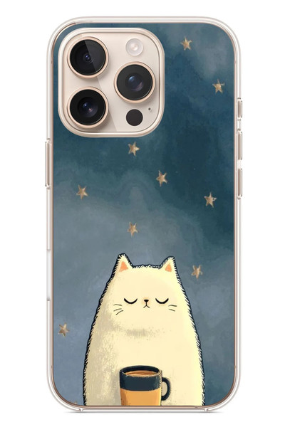 Le Balvo iPhone 16 Pro Uyumlu Kahveci Beyaz Kedir Baskılı Silikon Kılıf
