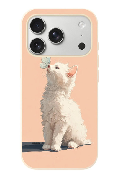 Le Balvo iPhone 17 Pro Uyumlu Beyaz Kelebekli Kedi Baskılı Silikon Kılıf
