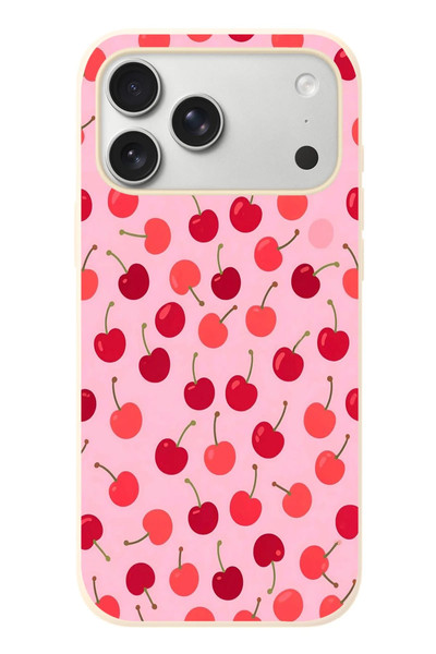 Le Balvo iPhone 17 Pro Max Uyumlu Pembe Kirazlar Baskılı Silikon Kılıf