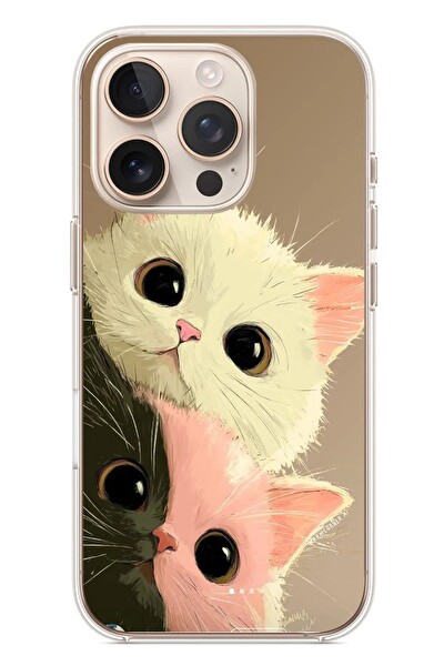 Le Balvo iPhone 16 Pro Uyumlu Pembe Siyah Beyaz Kedi Baskılı Silikon Kılıf