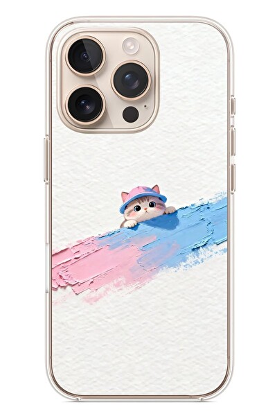 Le Balvo iPhone 16 Pro Uyumlu Pembe Mavi Kedi Baskılı Silikon Kılıf