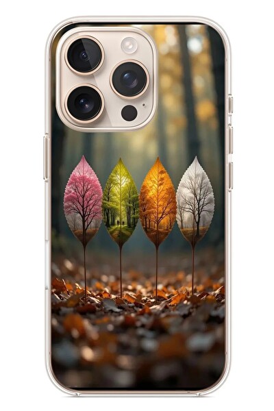 Le Balvo iPhone 16 Pro Uyumlu Dört Mevsim Yaprakları Baskılı Silikon Kılıf