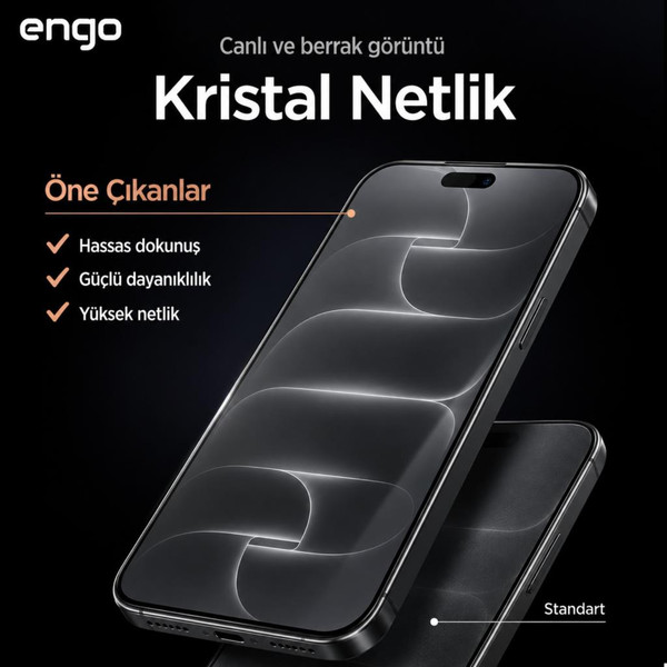 Engo Apple iPhone 18 Pro İle Uyumlu Ekran Koruyucu A3714 Nano Parlak 9H Kırılmaz Esnek Cam Çizilmeye Dayanıklı Şeffaf