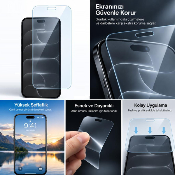 Engo Apple iPhone 18 Pro İle Uyumlu Ekran Koruyucu A3714 Nano Parlak 9H Kırılmaz Esnek Cam Çizilmeye Dayanıklı Şeffaf