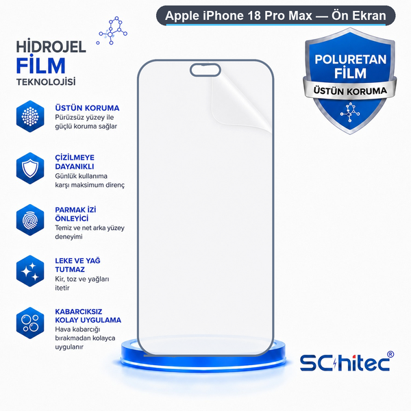 ScHitec Apple iPhone 18 Pro Max Uyumlu Ön Yüzey Nano Şeffaf Hidrojel Ekran Koruyucu