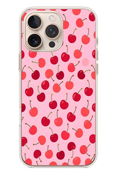 Le Balvo iPhone 16 Pro Max Uyumlu Pembe Kirazlar Baskılı Silikon Kılıf