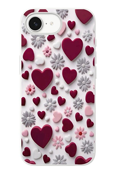 Le Balvo iPhone 16e Uyumlu Kırmızı ve Pembe Kalpler Baskılı Silikon Kılıf