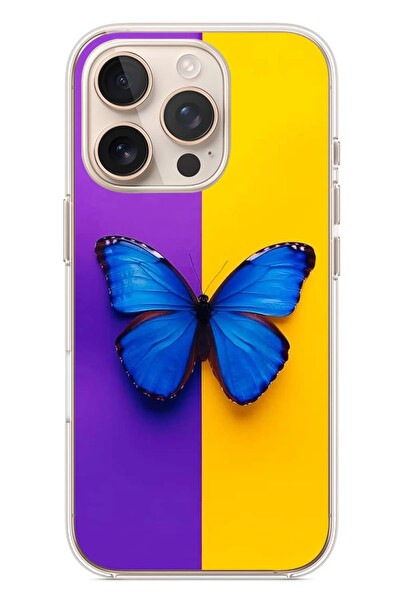 Le Balvo iPhone 16 Pro Uyumlu Mor Sarı Kelebek Baskılı Silikon Kılıf