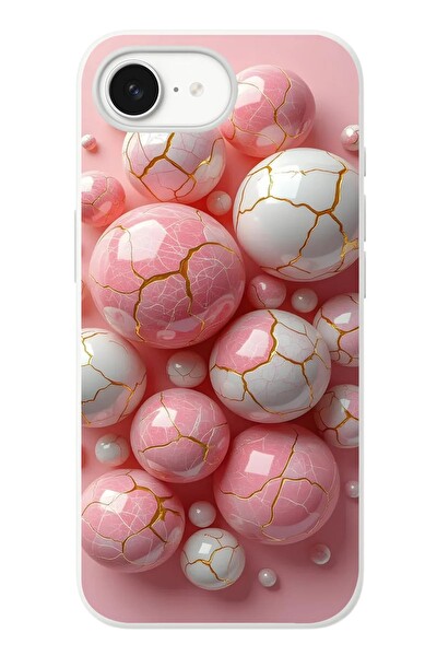Le Balvo iPhone 16e Uyumlu Pembe Beyaz Kırık Toplar Baskılı Silikon Kılıf