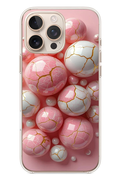 Le Balvo iPhone 16 Pro Max Uyumlu Pembe Beyaz Kırık Toplar Baskılı Silikon Kılıf