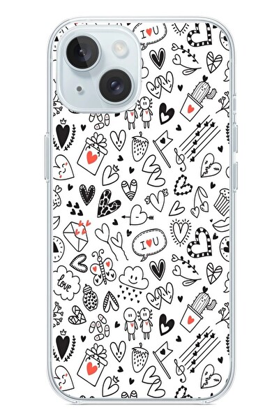Le Balvo iPhone 15 Uyumlu Retro Kalp Karışık Baskılı Silikon Kılıf
