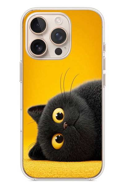Le Balvo iPhone 16 Pro Uyumlu Yan Bakan Siyah Kedi Baskılı Silikon Kılıf