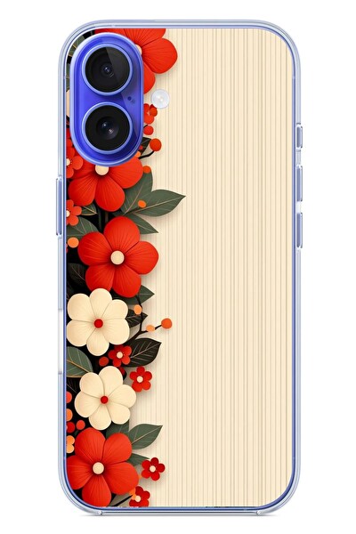 Le Balvo iPhone 16 Uyumlu Kırmızı Beyaz Çiçekler Baskılı Silikon Kılıf