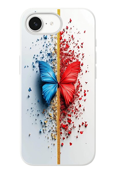 Le Balvo iPhone 16e Uyumlu Kırmızı Mavi Kelebek Baskılı Silikon Kılıf