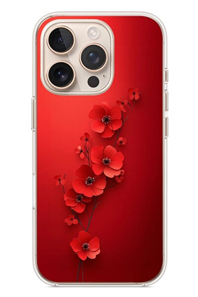 Le Balvo iPhone 16 Pro Uyumlu Kırmızı Kardelenler Baskılı Silikon Kılıf