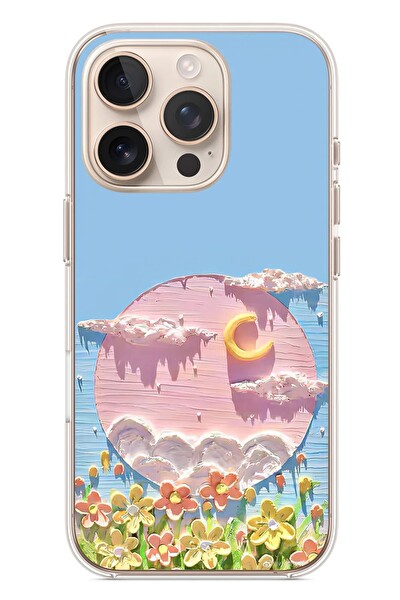 Le Balvo iPhone 16 Pro Uyumlu Çiçekli Ay Baskılı Silikon Kılıf