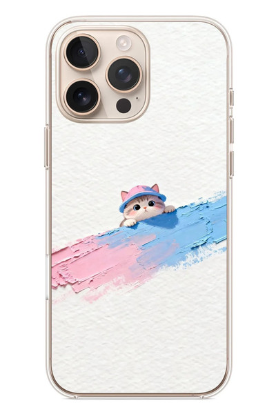 Le Balvo iPhone 16 Pro Max Uyumlu Pembe Mavi Kedi Baskılı Silikon Kılıf