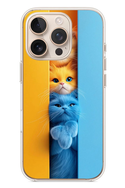 Le Balvo iPhone 16 Pro Uyumlu Mavi Sarı Kediler Baskılı Silikon Kılıf