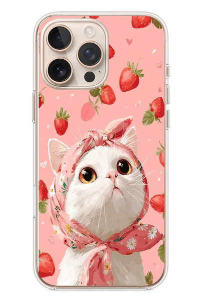 Le Balvo iPhone 16 Pro Max Uyumlu Örtülü Kedi Çilekli Baskılı Silikon Kılıf
