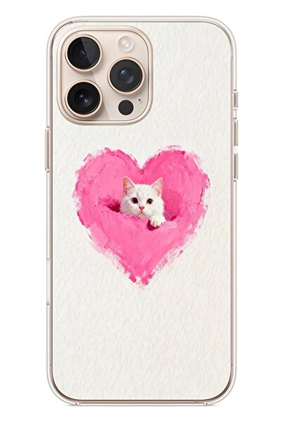 Le Balvo iPhone 16 Pro Max Uyumlu Pembe Kalpli Kedi Baskılı Silikon Kılıf