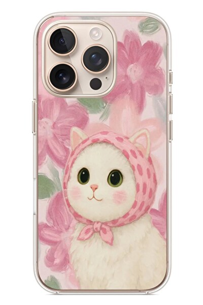 Le Balvo iPhone 16 Pro Uyumlu Pembe Örtülü Kedi Baskılı Silikon Kılıf