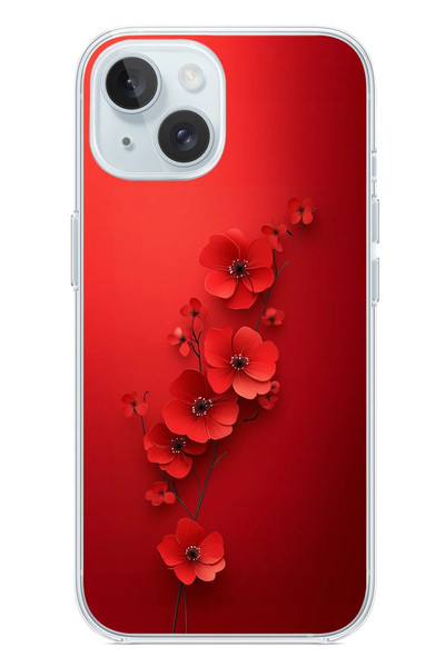 Le Balvo iPhone 15 Uyumlu Kırmızı Kardelenler Baskılı Silikon Kılıf